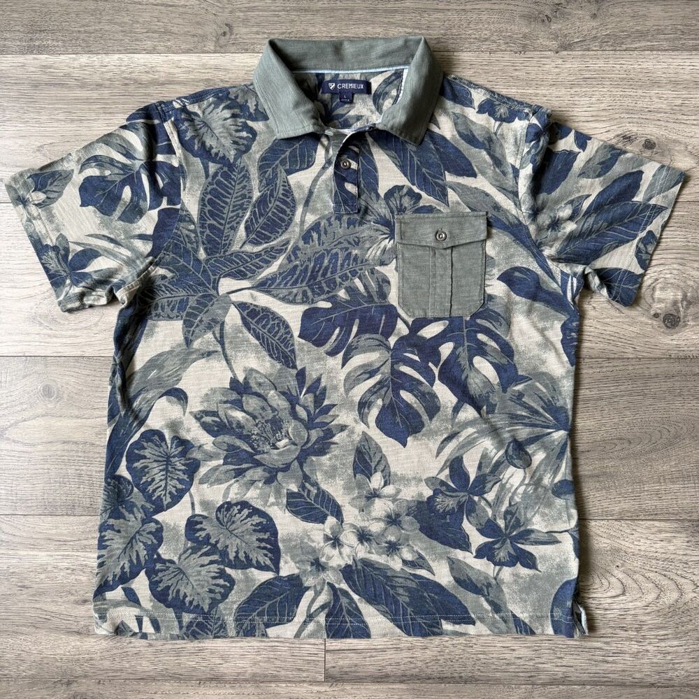 Cremieux Men’s Navy and Olive Green Tropical Floral Polo‎ Shirt - Size Large